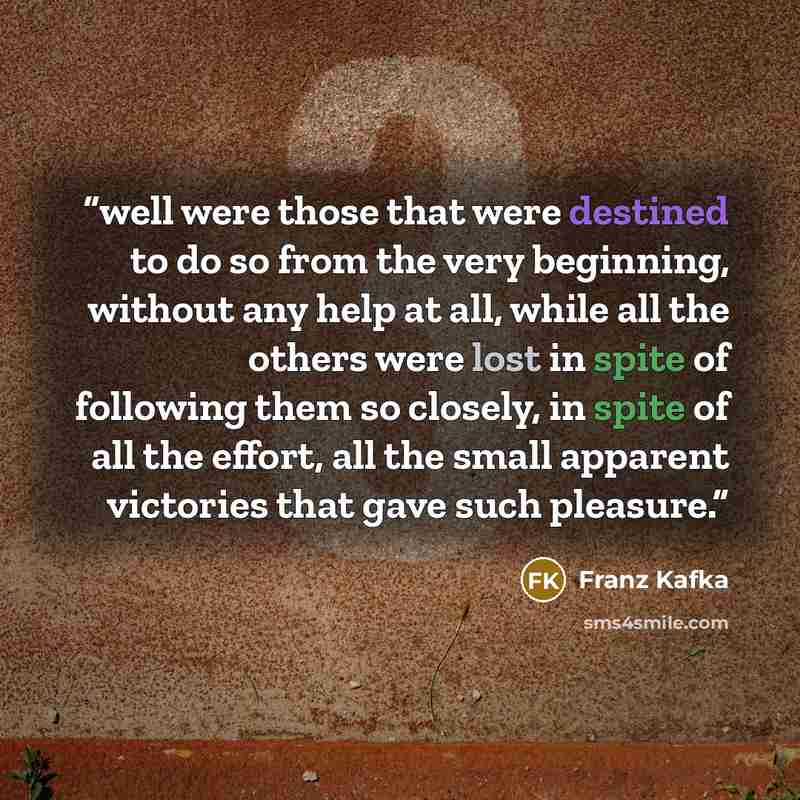 “well were those that were destined to do so from the very beginning, without any help at all, while all the others were lost in spite of following them so closely, in spite of all the effort, all the small apparent victories that gave such pleasure.” quote by Franz Kafka