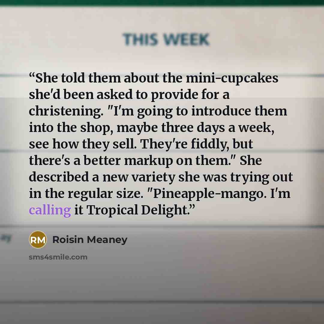 “She told them about the mini-cupcakes she'd been asked to provide for a christening. "I'm going to introduce them into the shop, maybe three days a week, see how they sell. They're fiddly, but there's a better markup on them." She described a new variety she was trying out in the regular size…” quote by Roisin Meaney