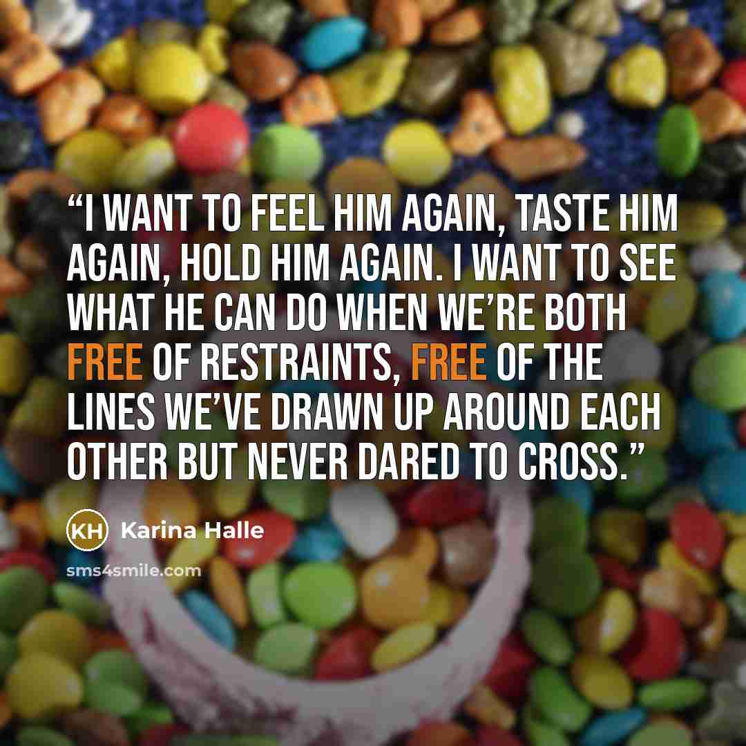 “I want to feel him again, taste him again, hold him again. I want to see what he can do when we’re both free of restraints, free of the lines we’ve drawn up around each other but never dared to cross.” quote by Karina Halle