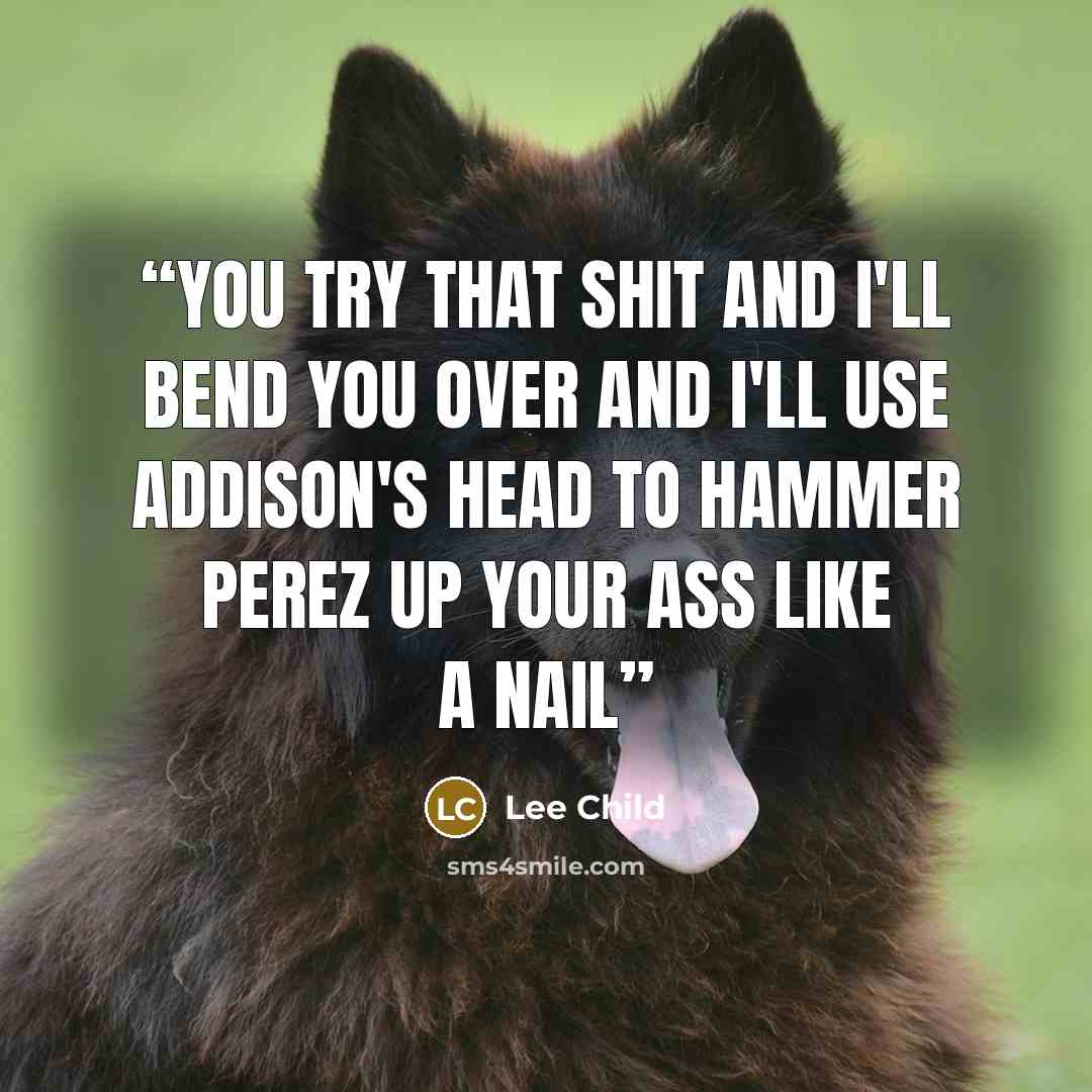 “You try that shit and i'll bend you over and i'll use Addison's head to hammer Perez up your ass like a nail” quote by Lee Child