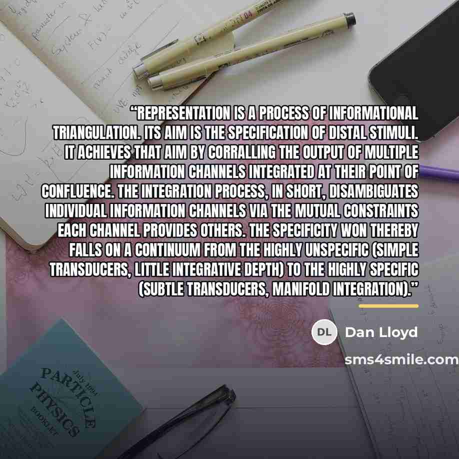 “Representation is a process of informational triangulation. Its aim is the specification of distal stimuli. It achieves that aim by corralling the output of multiple information channels integrated at their point of confluence. The integration process, in short, disambiguates individual…” quote by Dan Lloyd