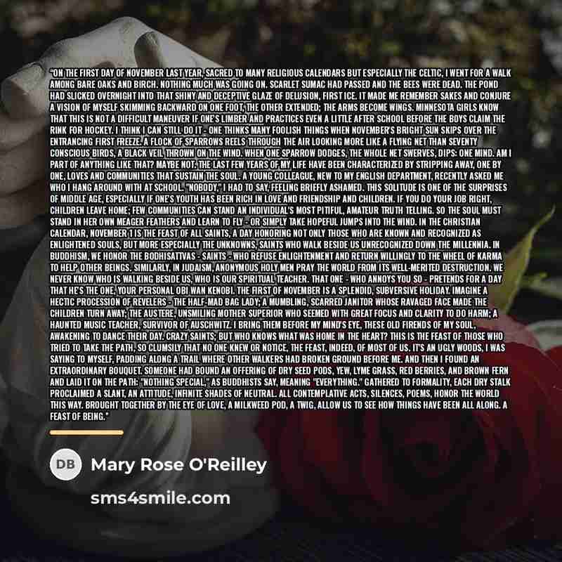 “On the first day of November last year, sacred to many religious calendars but especially the Celtic, I went for a walk among bare oaks and birch. Nothing much was going on. Scarlet sumac had passed and the bees were dead. The pond had slicked overnight into that shiny and deceptive glaze of…” quote by Mary Rose O'Reilley