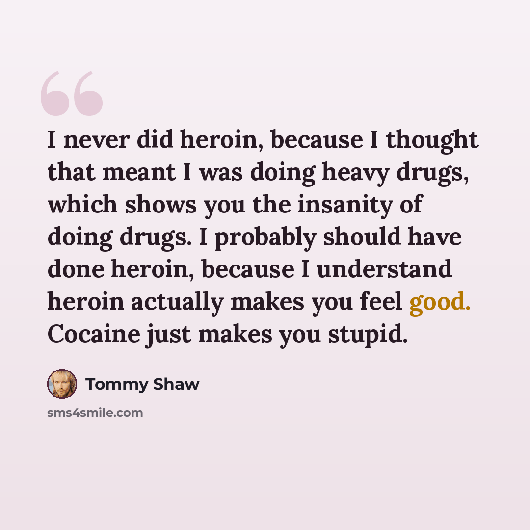 “I never did heroin, because I thought that meant I was doing heavy drugs, which shows you the insanity of doing drugs. I probably should have done heroin, because I understand heroin actually makes you feel good. Cocaine just makes you stupid.” quote by Tommy Shaw