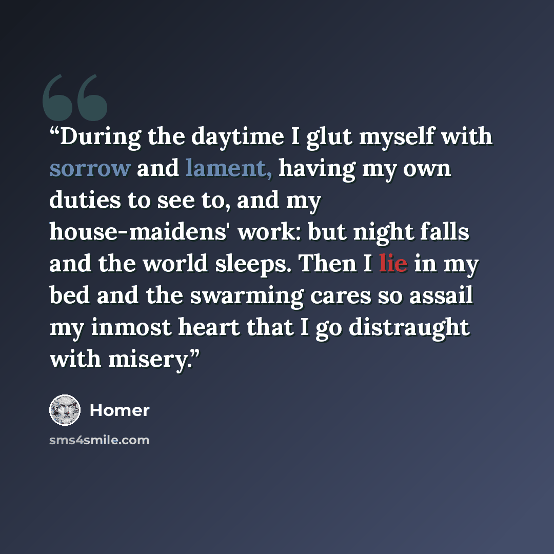 “During the daytime I glut myself with sorrow and lament, having my own duties to see to, and my house-maidens' work: but night falls and the world sleeps. Then I lie in my bed and the swarming cares so assail my inmost heart that I go distraught with misery.” quote by Homer