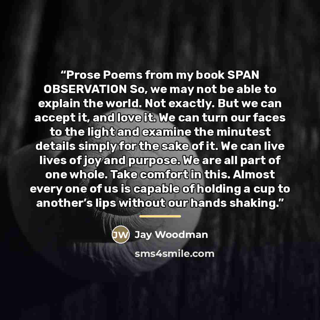 “Prose Poems from my book SPAN OBSERVATION So, we may not be able to explain the world. Not exactly. But we can accept it, and love it. We can turn our faces to the light and examine the minutest details simply for the sake of it. We can live lives of joy and purpose. We are all part of one whole…” quote by Jay Woodman
