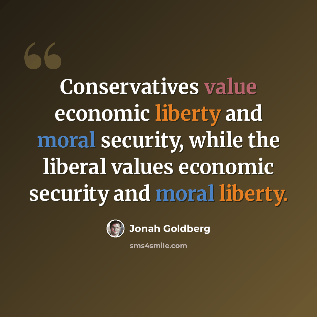 “Conservatives value economic liberty and moral security, while the liberal values economic security and moral liberty.” quote by Jonah Goldberg