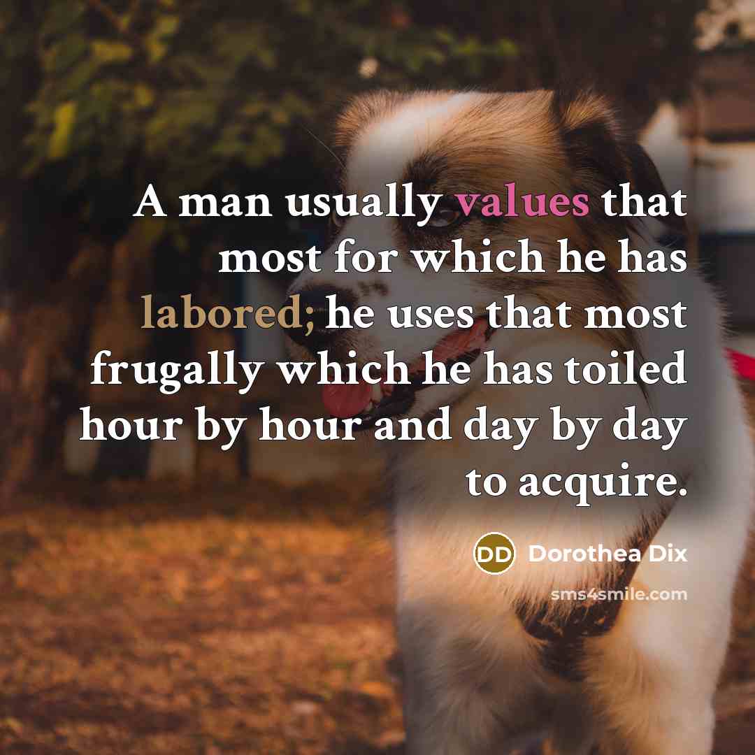 “A man usually values that most for which he has labored; he uses that most frugally which he has toiled hour by hour and day by day to acquire.” quote by Dorothea Dix
