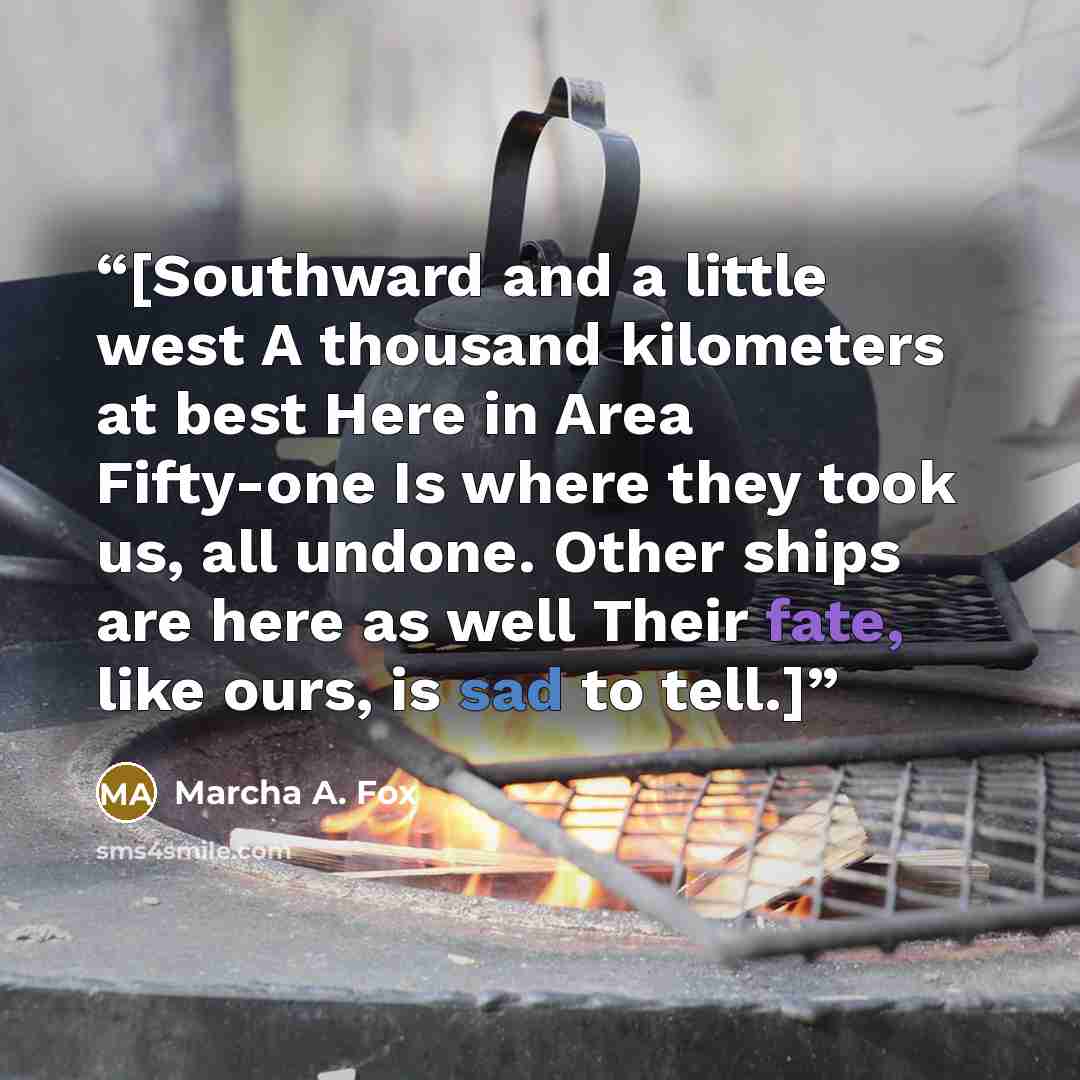 “[Southward and a little west A thousand kilometers at best Here in Area Fifty-one Is where they took us, all undone. Other ships are here as well Their fate, like ours, is sad to tell.]” quote by Marcha A. Fox