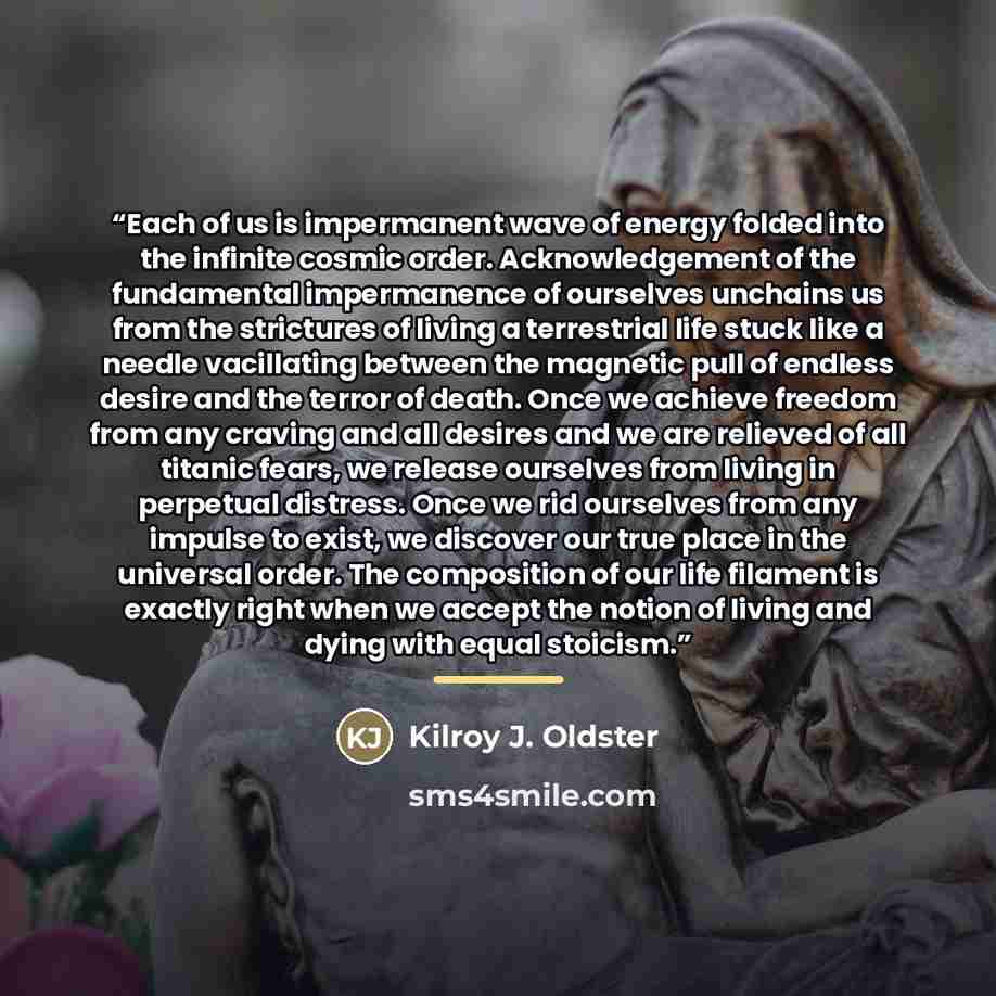 “Each of us is impermanent wave of energy folded into the infinite cosmic order. Acknowledgement of the fundamental impermanence of ourselves unchains us from the strictures of living a terrestrial life stuck like a needle vacillating between the magnetic pull of endless desire and the terror of…” quote by Kilroy J. Oldster