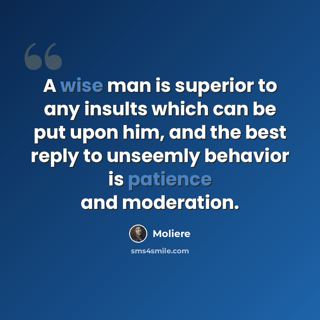 “A wise man is superior to any insults which can be put upon him, and the best reply to unseemly behavior is patience and moderation.” quote by Moliere