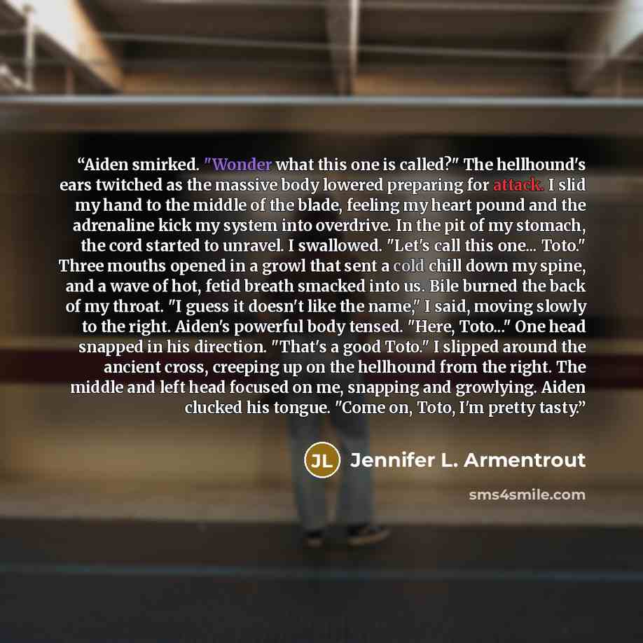 “Aiden smirked. "Wonder what this one is called?" The hellhound's ears twitched as the massive body lowered preparing for attack. I slid my hand to the middle of the blade, feeling my heart pound and the adrenaline kick my system into overdrive. In the pit of my stomach, the cord started to…” quote by Jennifer L. Armentrout