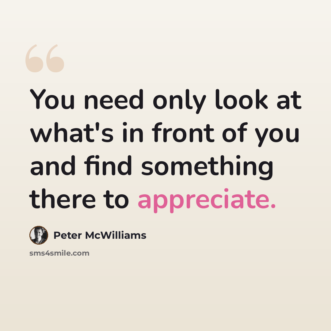 “You need only look at what's in front of you and find something there to appreciate.” quote by Peter McWilliams