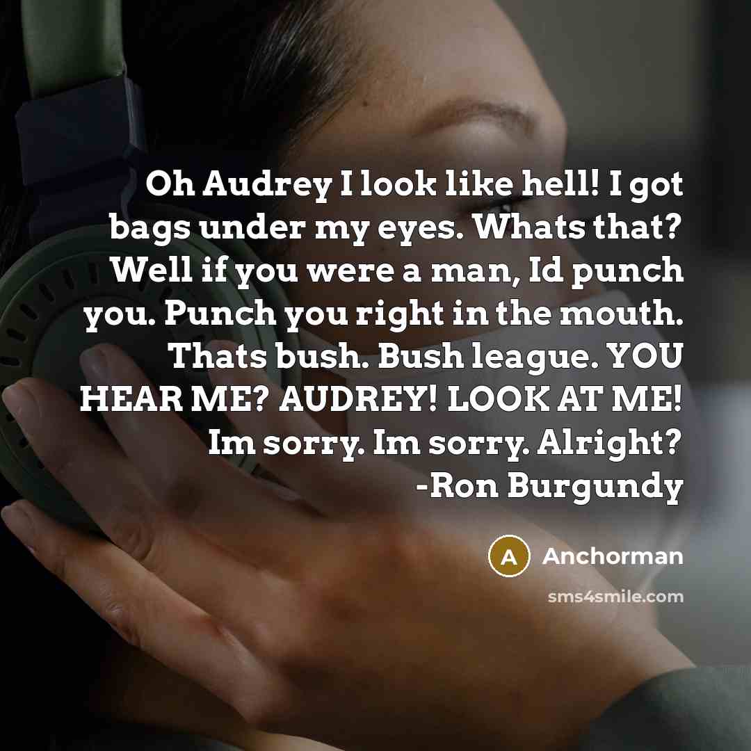 “Oh Audrey I look like hell! I got bags under my eyes. Whats that? Well if you were a man, Id punch you. Punch you right in the mouth. Thats bush. Bush league. YOU HEAR ME? AUDREY! LOOK AT ME! Im sorry. Im sorry. Alright? -Ron Burgundy” quote by Anchorman