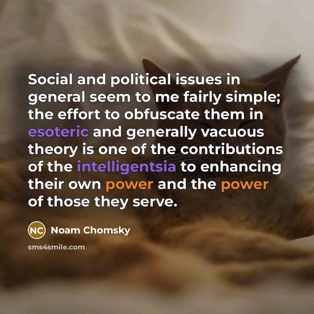 “Social and political issues in general seem to me fairly simple; the effort to obfuscate them in esoteric and generally vacuous theory is one of the contributions of the intelligentsia to enhancing their own power and the power of those they serve.” quote by Noam Chomsky