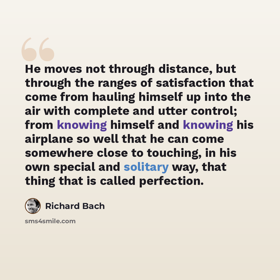 “He moves not through distance, but through the ranges of satisfaction that come from hauling himself up into the air with complete and utter control; from knowing himself and knowing his airplane so well that he can come somewhere close to touching, in his own special and solitary way, that thing…” quote by Richard Bach