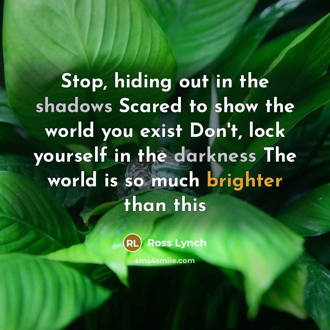 “Stop, hiding out in the shadows Scared to show the world you exist Don't, lock yourself in the darkness The world is so much brighter than this” quote by Ross Lynch