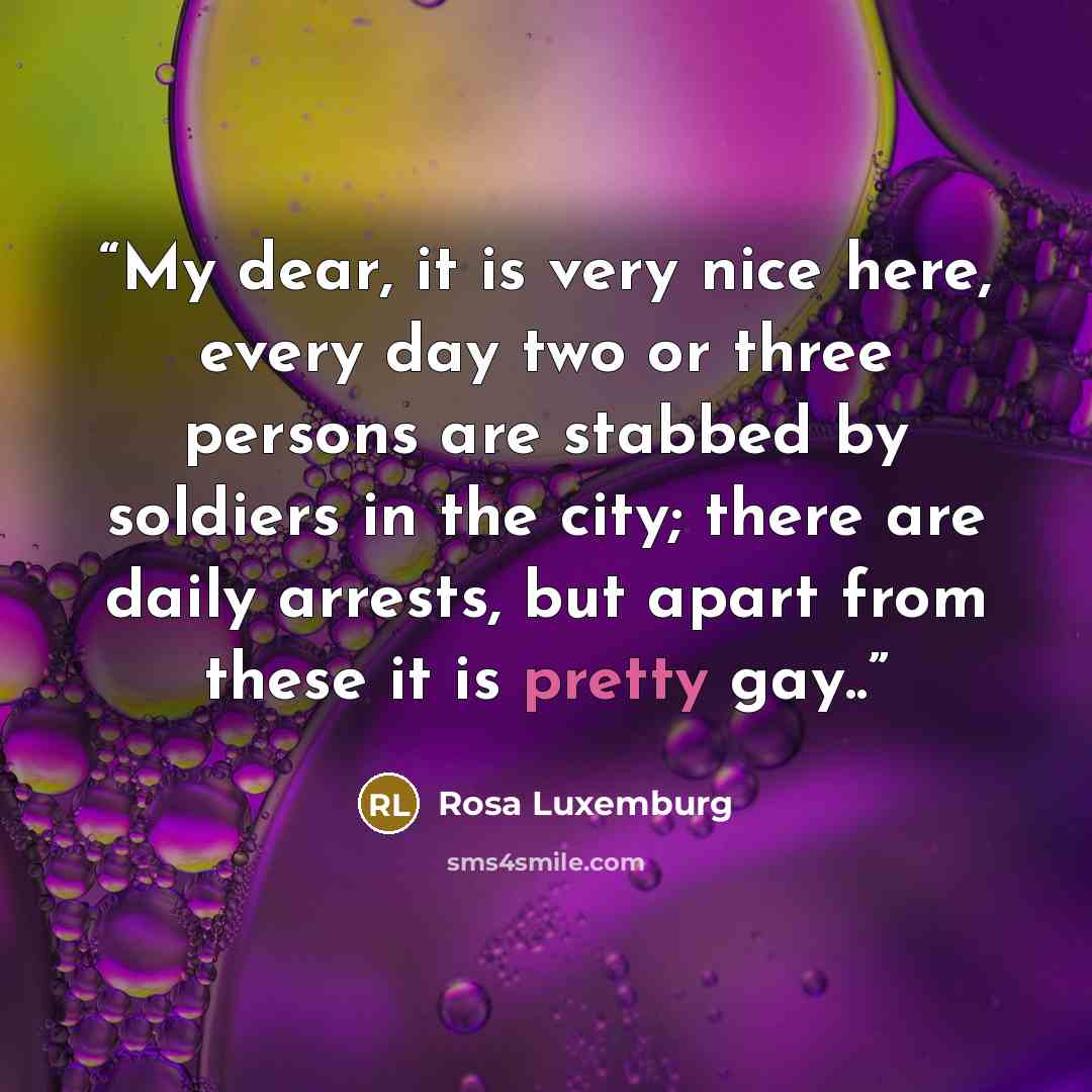 “My dear, it is very nice here, every day two or three persons are stabbed by soldiers in the city; there are daily arrests, but apart from these it is pretty gay..” quote by Rosa Luxemburg