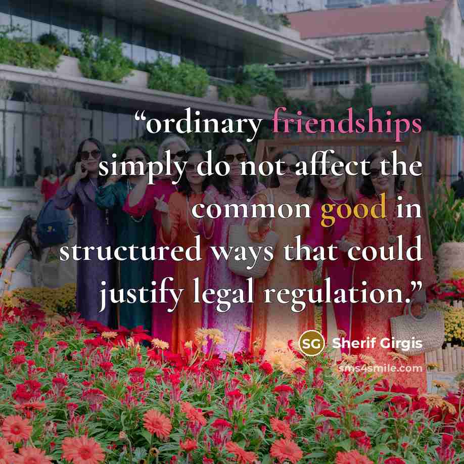 “ordinary friendships simply do not affect the common good in structured ways that could justify legal regulation.” quote by Sherif Girgis