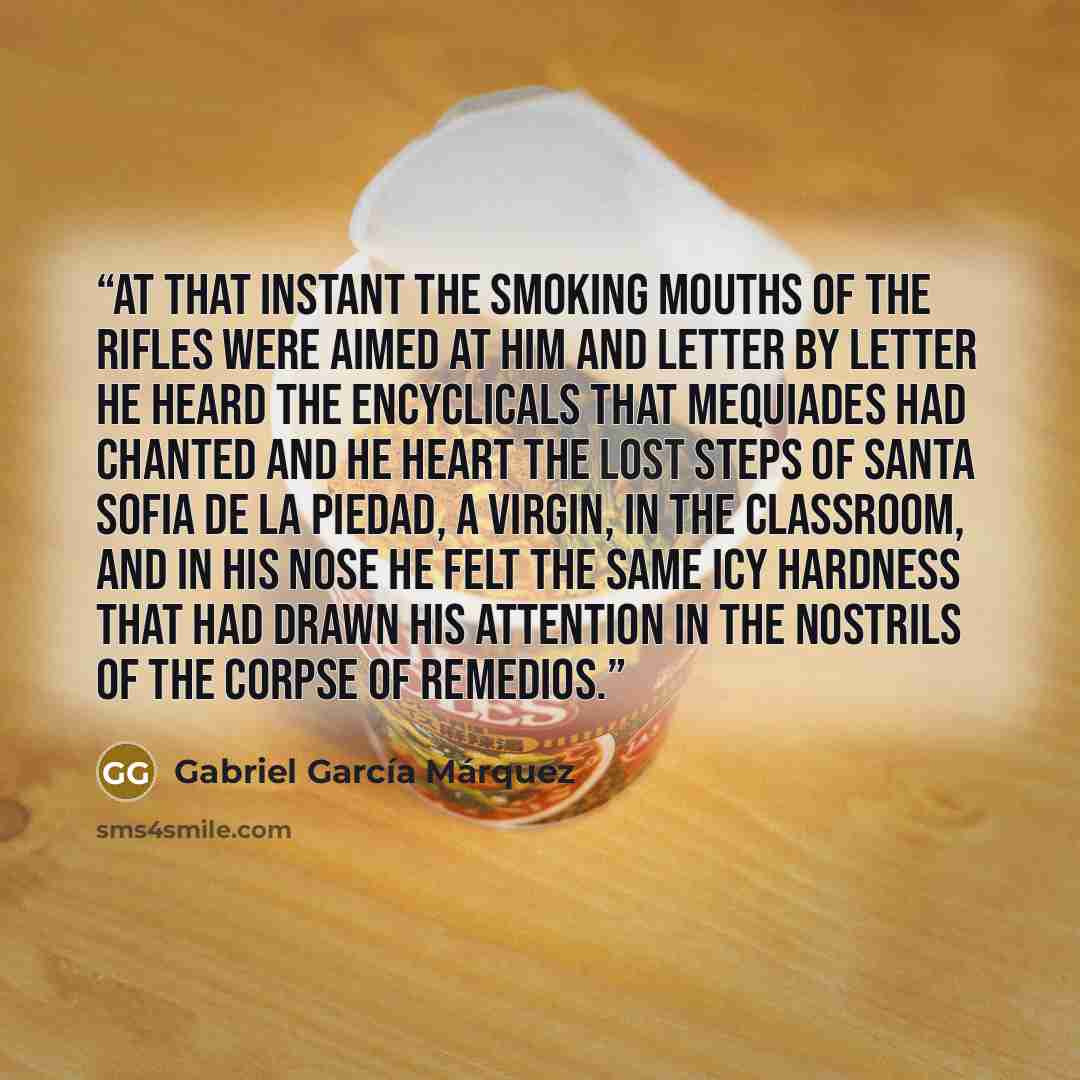 “At that instant the smoking mouths of the rifles were aimed at him and letter by letter he heard the encyclicals that Mequiades had chanted and he heart the lost steps of Santa Sofia de la Piedad, a virgin, in the classroom, and in his nose he felt the same icy hardness that had drawn his…” quote by Gabriel García Márquez