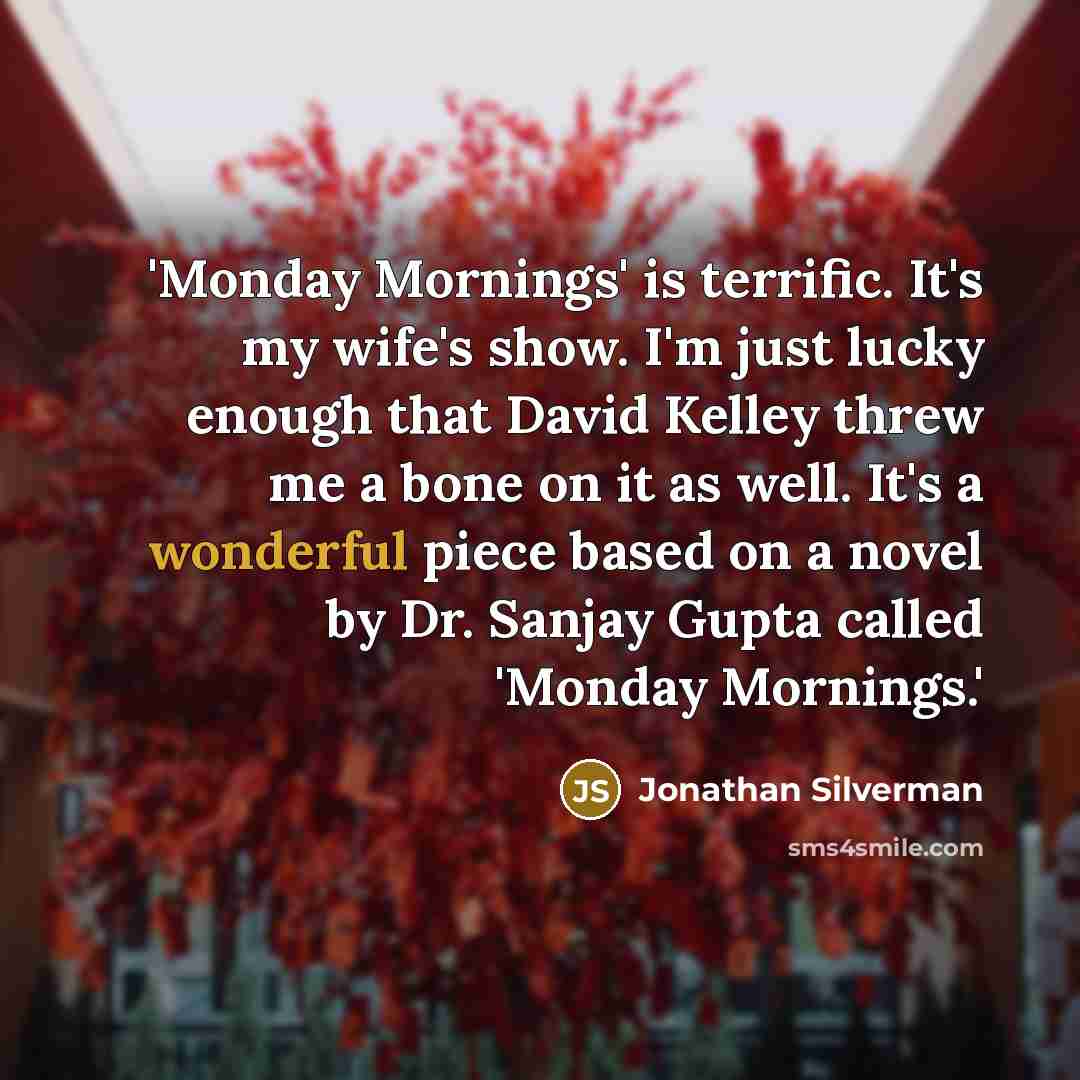 “'Monday Mornings' is terrific. It's my wife's show. I'm just lucky enough that David Kelley threw me a bone on it as well. It's a wonderful piece based on a novel by Dr. Sanjay Gupta called 'Monday Mornings.'” quote by Jonathan Silverman