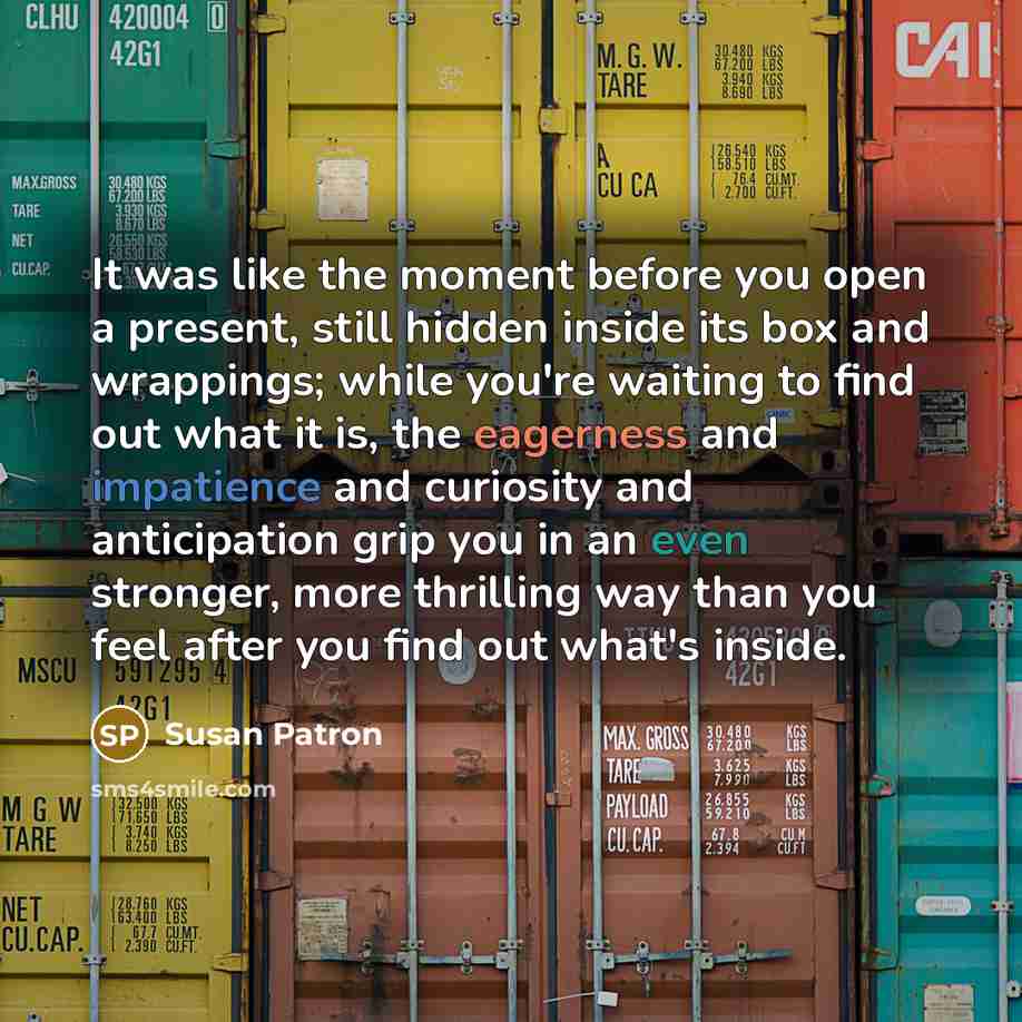 “It was like the moment before you open a present, still hidden inside its box and wrappings; while you're waiting to find out what it is, the eagerness and impatience and curiosity and anticipation grip you in an even stronger, more thrilling way than you feel after you find out what's inside.” quote by Susan Patron