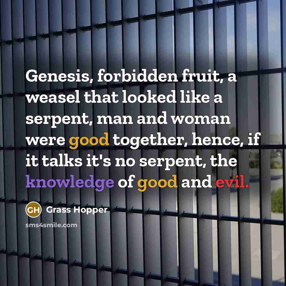 “Genesis, forbidden fruit, a weasel that looked like a serpent, man and woman were good together, hence, if it talks it's no serpent, the knowledge of good and evil.” quote by Grass Hopper