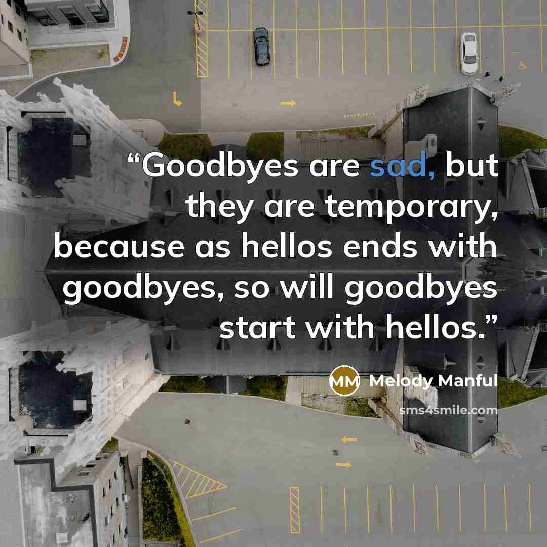 “Goodbyes are sad, but they are temporary, because as hellos ends with goodbyes, so will goodbyes start with hellos.” quote by Melody Manful