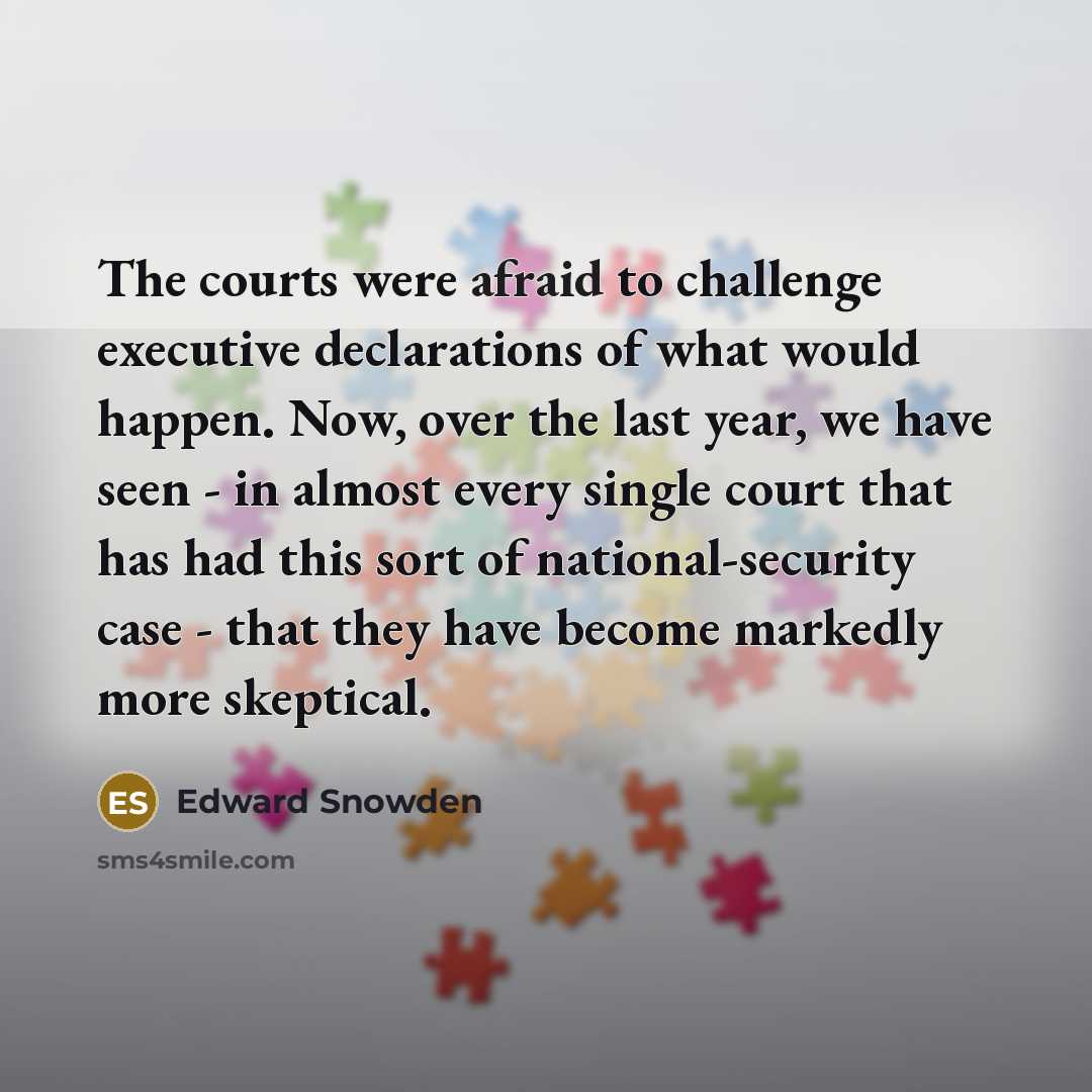 “The courts were afraid to challenge executive declarations of what would happen. Now, over the last year, we have seen - in almost every single court that has had this sort of national-security case - that they have become markedly more skeptical.” quote by Edward Snowden
