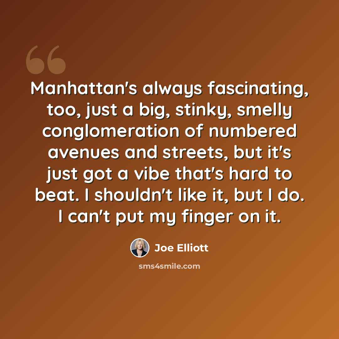 “Manhattan's always fascinating, too, just a big, stinky, smelly conglomeration of numbered avenues and streets, but it's just got a vibe that's hard to beat. I shouldn't like it, but I do. I can't put my finger on it.” quote by Joe Elliott