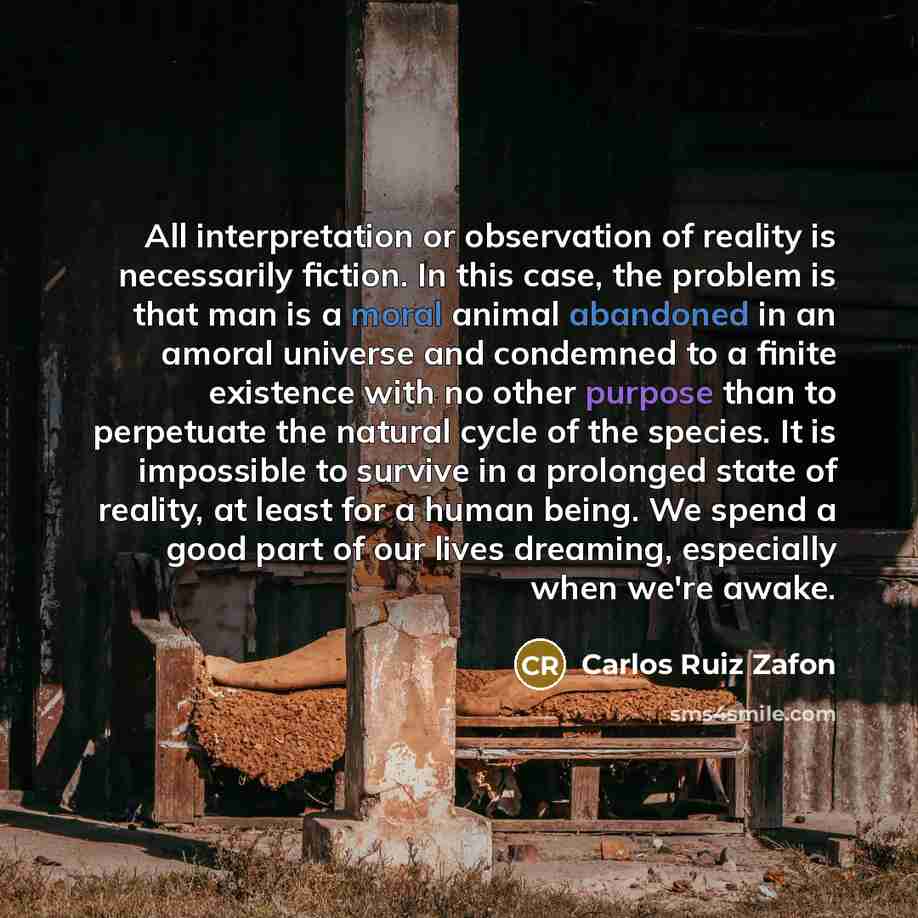 “All interpretation or observation of reality is necessarily fiction. In this case, the problem is that man is a moral animal abandoned in an amoral universe and condemned to a finite existence with no other purpose than to perpetuate the natural cycle of the species. It is impossible to survive in…” quote by Carlos Ruiz Zafon