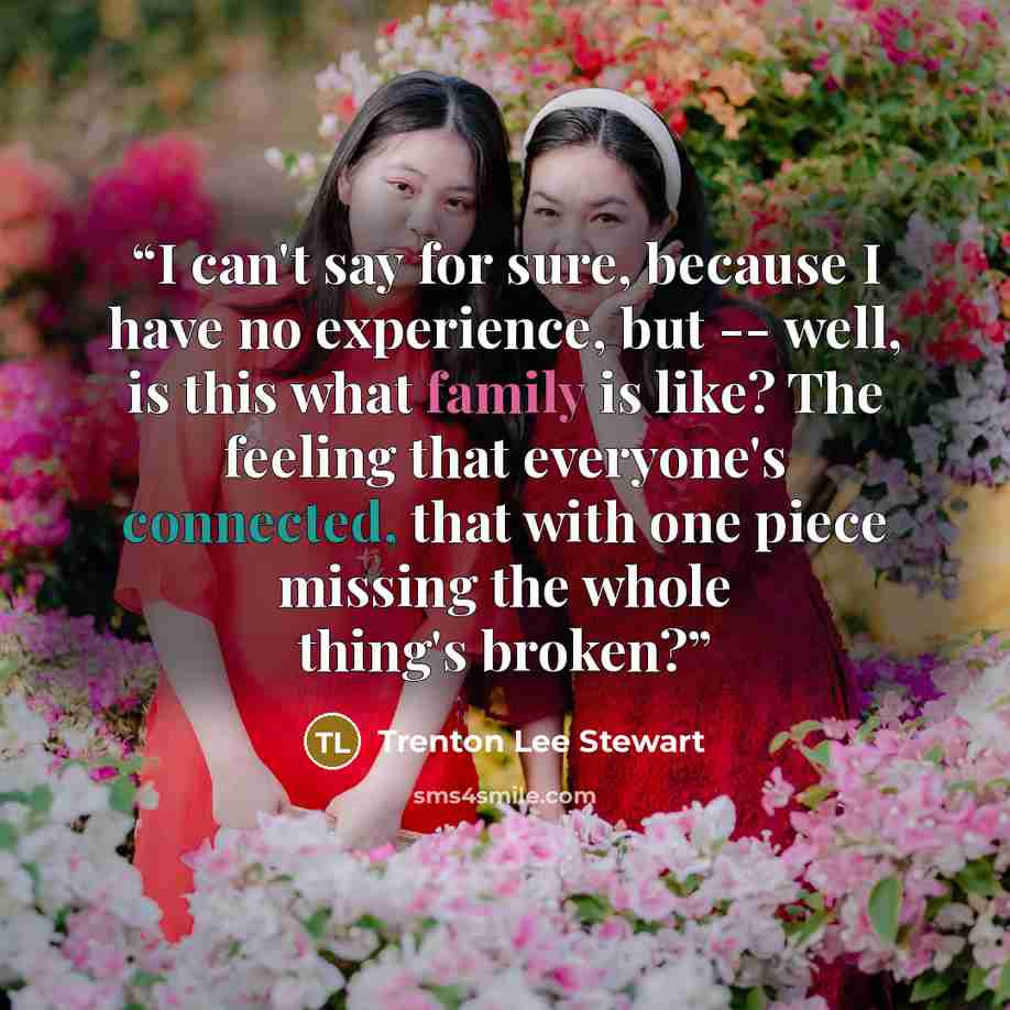 “I can't say for sure, because I have no experience, but -- well, is this what family is like? The feeling that everyone's connected, that with one piece missing the whole thing's broken?” quote by Trenton Lee Stewart
