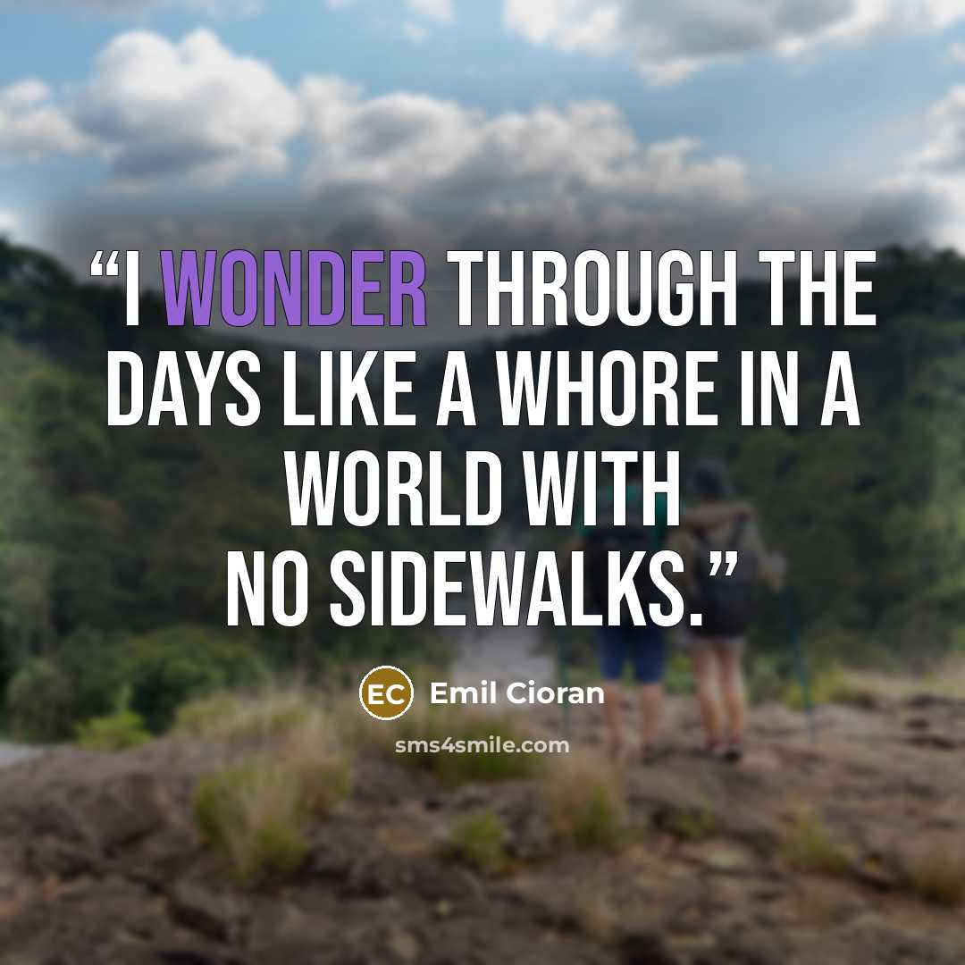 “I wonder through the days like a whore in a world with no sidewalks.” quote by Emil Cioran