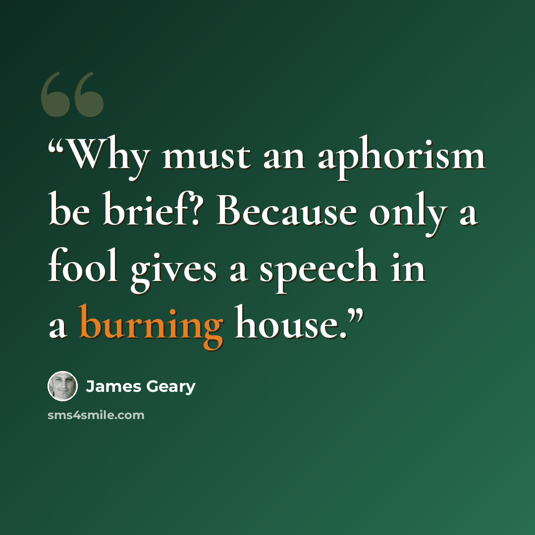 “Why must an aphorism be brief? Because only a fool gives a speech in a burning house.” quote by James Geary