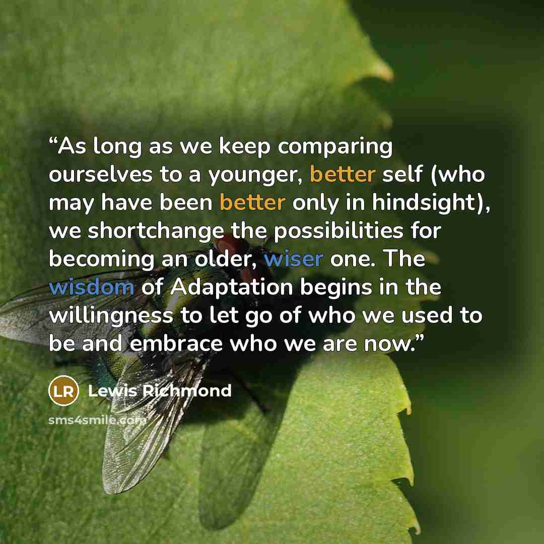 “As long as we keep comparing ourselves to a younger, better self (who may have been better only in hindsight), we shortchange the possibilities for becoming an older, wiser one. The wisdom of Adaptation begins in the willingness to let go of who we used to be and embrace who we are now.” quote by Lewis Richmond