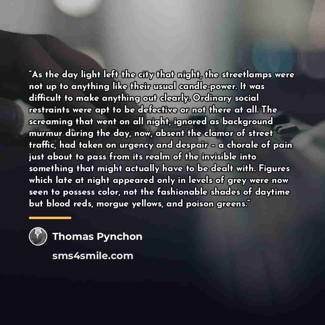 “As the day light left the city that night, the streetlamps were not up to anything like their usual candle-power. It was difficult to make anything out clearly. Ordinary social restraints were apt to be defective or not there at all. The screaming that went on all night, ignored as background…” quote by Thomas Pynchon
