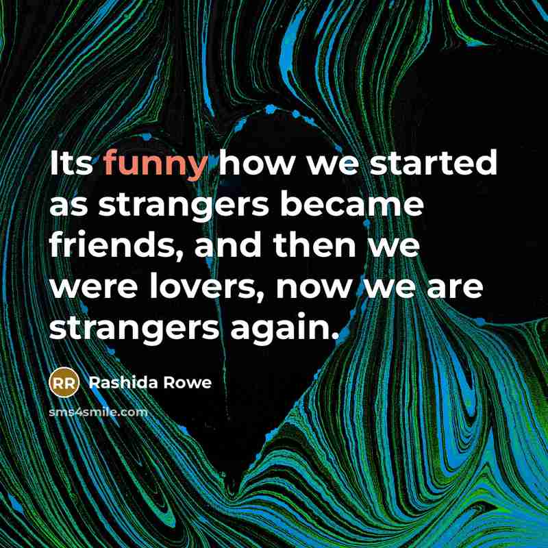 “Its funny how we started as strangers became friends, and then we were lovers, now we are strangers again.” quote by Rashida Rowe