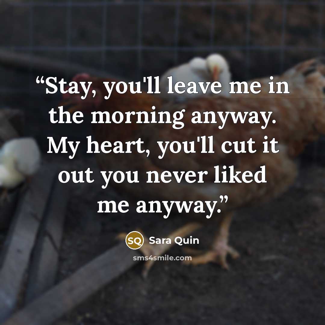 “Stay, you'll leave me in the morning anyway. My heart, you'll cut it out you never liked me anyway.” quote by Sara Quin