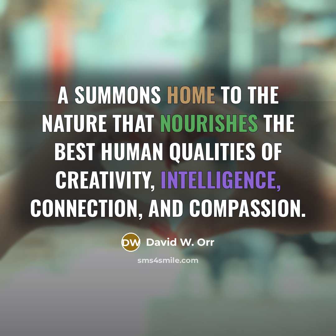 “A summons home to the nature that nourishes the best human qualities of creativity, intelligence, connection, and compassion.” quote by David W. Orr