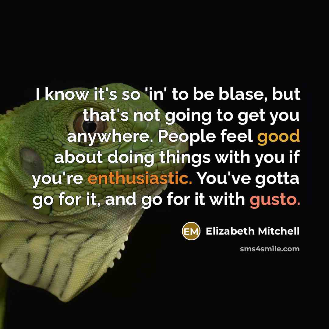 “I know it's so 'in' to be blase, but that's not going to get you anywhere. People feel good about doing things with you if you're enthusiastic. You've gotta go for it, and go for it with gusto.” quote by Elizabeth Mitchell
