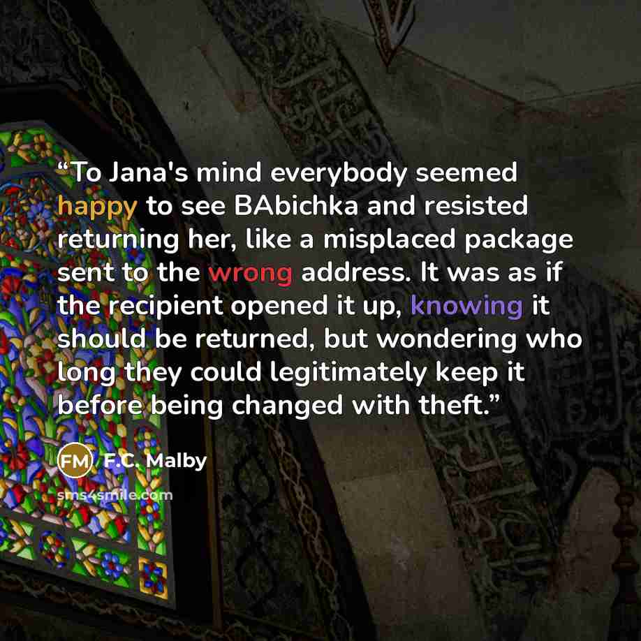 “To Jana's mind everybody seemed happy to see BAbichka and resisted returning her, like a misplaced package sent to the wrong address. It was as if the recipient opened it up, knowing it should be returned, but wondering who long they could legitimately keep it before being changed with theft.” quote by F.C. Malby