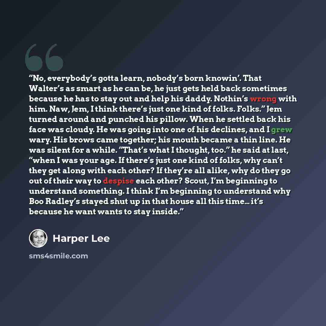 “No, everybody’s gotta learn, nobody’s born knowin’. That Walter’s as smart as he can be, he just gets held back sometimes because he has to stay out and help his daddy. Nothin’s wrong with him. Naw, Jem, I think there’s just one kind of folks. Folks.” Jem turned around and punched his pillow. When…” quote by Harper Lee