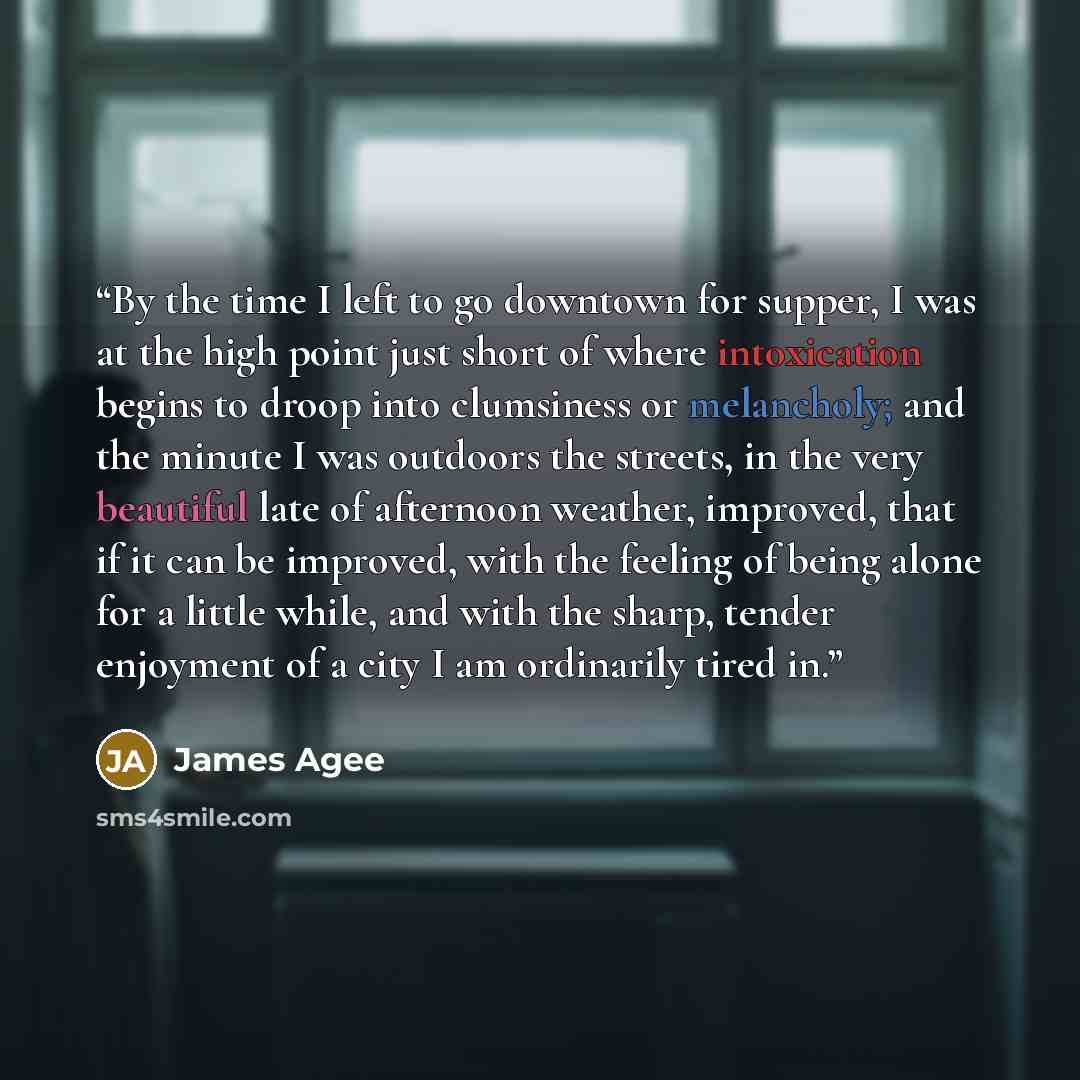 “By the time I left to go downtown for supper, I was at the high point just short of where intoxication begins to droop into clumsiness or melancholy; and the minute I was outdoors the streets, in the very beautiful late of afternoon weather, improved, that if it can be improved, with the feeling…” quote by James Agee