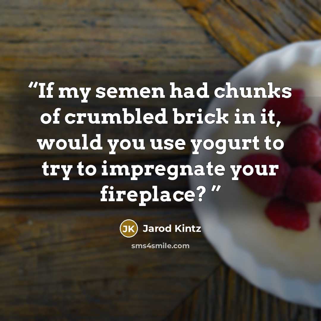 “If my semen had chunks of crumbled brick in it, would you use yogurt to try to impregnate your fireplace?” quote by Jarod Kintz