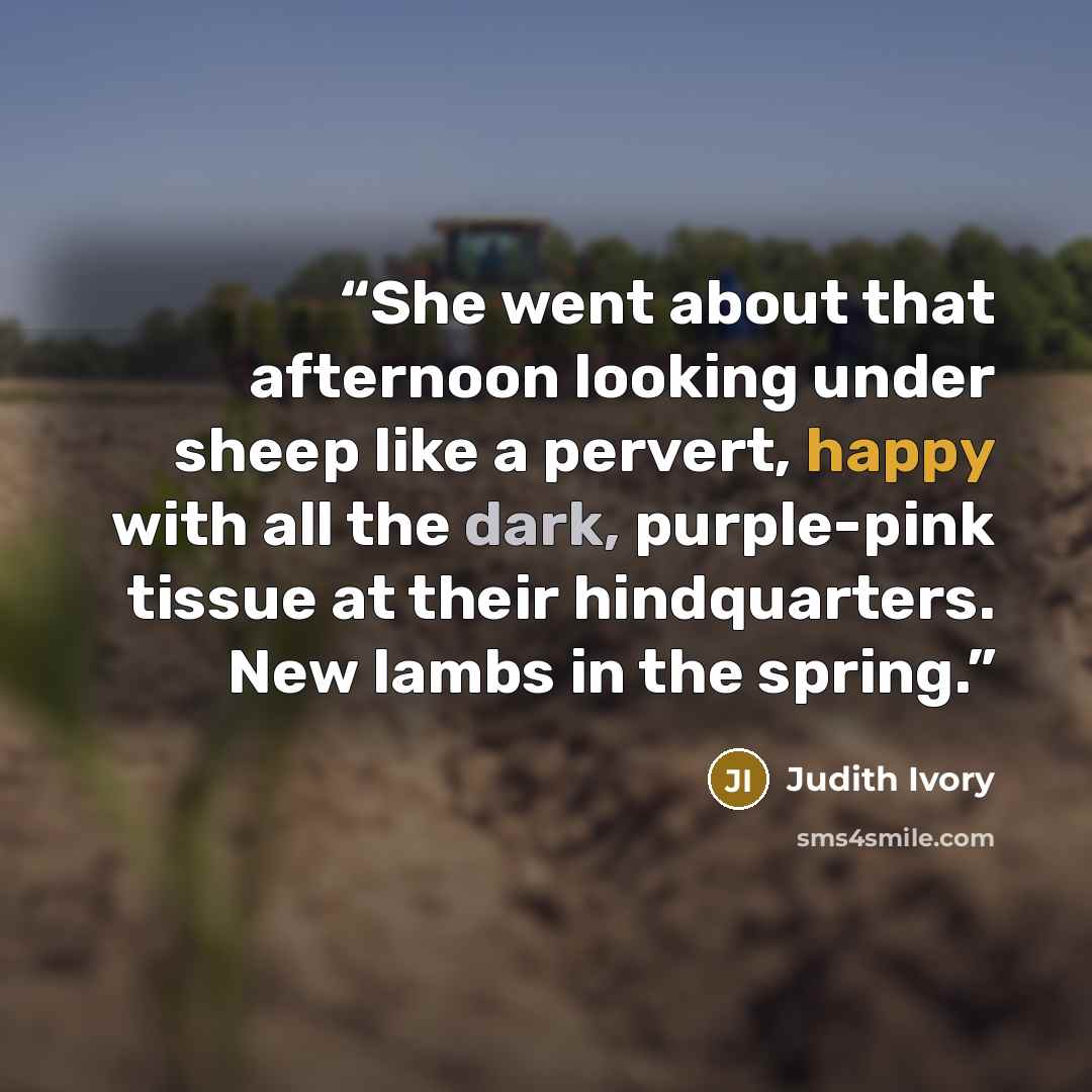 “She went about that afternoon looking under sheep like a pervert, happy with all the dark, purple-pink tissue at their hindquarters. New lambs in the spring.” quote by Judith Ivory