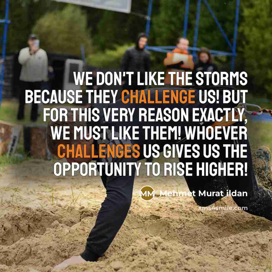 “We don't like the storms because they challenge us! But for this very reason exactly, we must like them! Whoever challenges us gives us the opportunity to rise higher!” quote by Mehmet Murat Ildan