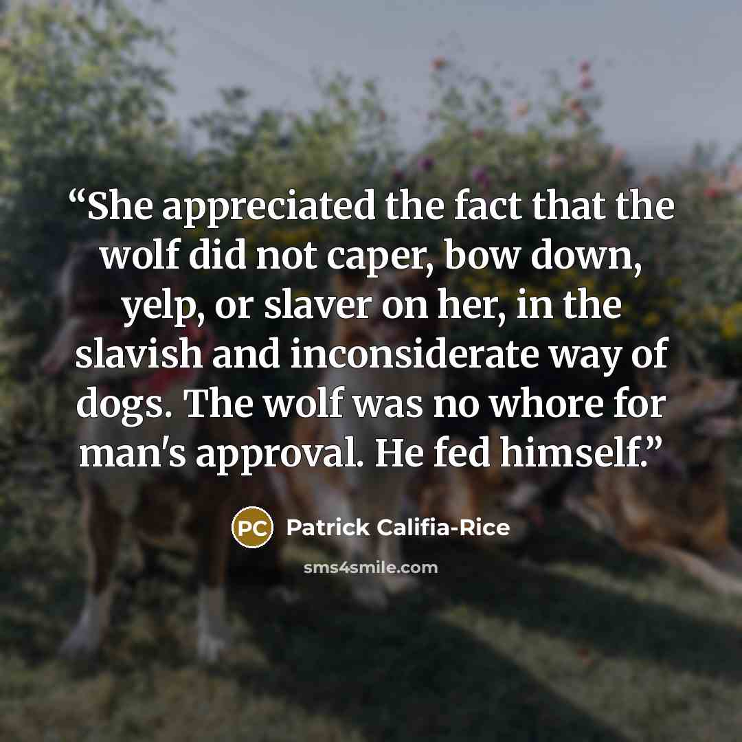 “She appreciated the fact that the wolf did not caper, bow down, yelp, or slaver on her, in the slavish and inconsiderate way of dogs. The wolf was no whore for man's approval. He fed himself.” quote by Patrick Califia-Rice