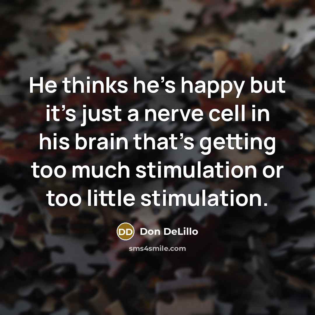 “He thinks he's happy but it's just a nerve cell in his brain that's getting too much stimulation or too little stimulation.” quote by Don DeLillo