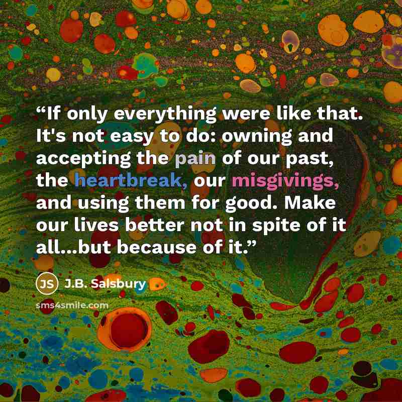 “If only everything were like that. It's not easy to do: owning and accepting the pain of our past, the heartbreak, our misgivings, and using them for good. Make our lives better not in spite of it all...but because of it.” quote by J.B. Salsbury