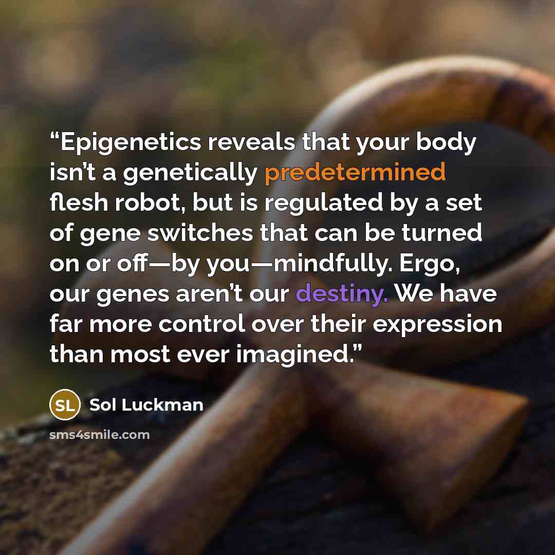 “Epigenetics reveals that your body isn’t a genetically predetermined flesh robot, but is regulated by a set of gene switches that can be turned on or off—by you—mindfully. Ergo, our genes aren’t our destiny. We have far more control over their expression than most ever imagined.” quote by Sol Luckman