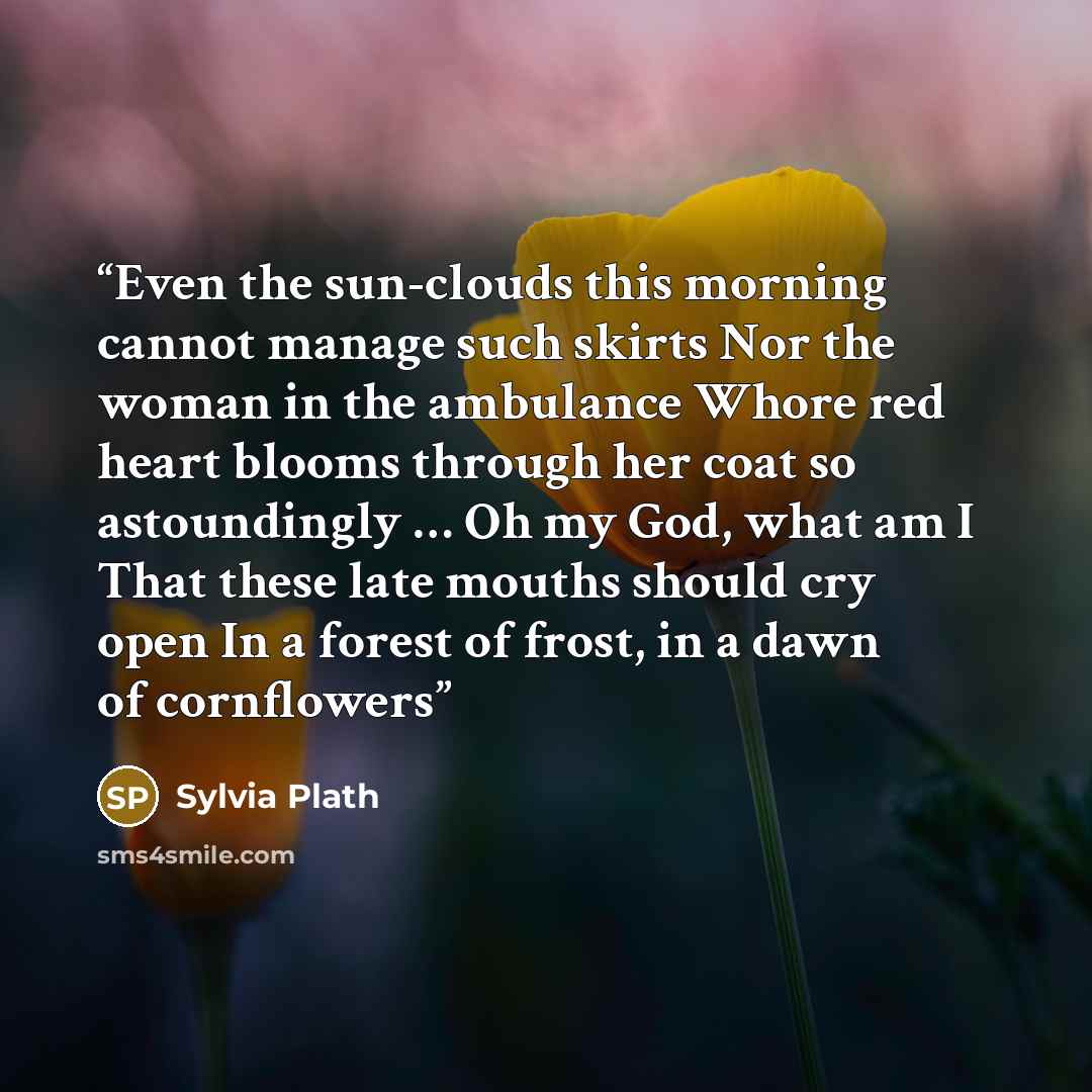 “Even the sun-clouds this morning cannot manage such skirts Nor the woman in the ambulance Whore red heart blooms through her coat so astoundingly … Oh my God, what am I That these late mouths should cry open In a forest of frost, in a dawn of cornflowers” quote by Sylvia Plath
